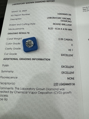 comprar 2.09CT E VS1 3EX CVD de corte redondo diamante cultivado certificado IGI LG624443136 online manufacture