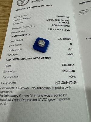 comprar 2.17CT G VS1 3EX Laboratorio de enfermedad cardiovascular creado con diamante de corte redondo Certificado IGI LG624443138 online manufacture