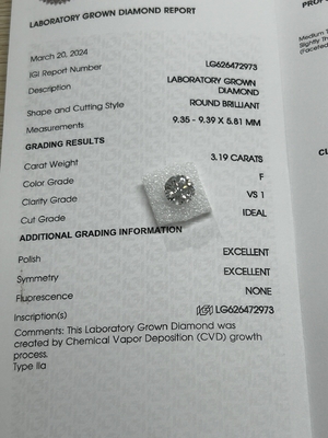 comprar 3.19CT F VS1 3EX CVD cultivado en laboratorio Diamante de corte redondo Certificado IGI LG626472973 online manufacture