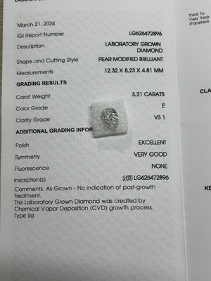 comprar 3.21CT E VS1 EX VG CVD Laboratorio de cultivo de peras de diamante de corte brillante con certificación IGI online manufacture