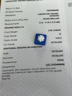 comprar 3.02ct CVD Laboratorio Diamante de corte redondo G VVS2 3EX N Certificado IGI online manufacture