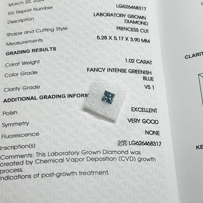 comprar 1.02CT Fabuloso Intenso Azul Verdoso VS1 EX VG CVD Laboratorio Crecido Diamante Corte Princesa Certificado IGI online manufacture