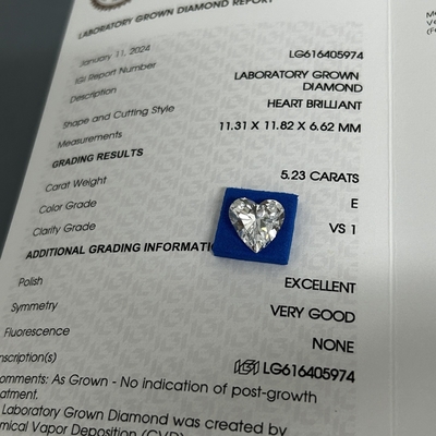 comprar 5.23ct Diamante de brillo crecido Corte cardíaco CVD E Color VS1 Claridad 2EX N IGI online manufacture