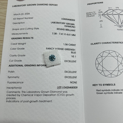 comprar 1.56ct Intenso de lujo de color verdeazul de laboratorio de diamante crecido de corte redondo CVD FVS1 3EX N IGI online manufacture