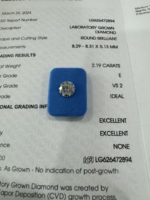 2.19 Carat E VS2 3EX CVD Laboratorio de cultivo de diamantes de forma redonda