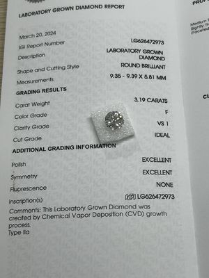 3.19CT F VS1 3EX CVD cultivado en laboratorio Diamante de corte redondo Certificado IGI LG626472973