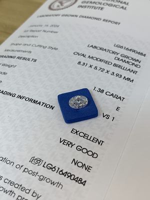 1.38ct Corte ovalado de laboratorio Diamante cultivado CVD E VS1 EX VG N Certificado IGI