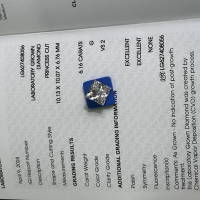 6.16 Carat G VS2 2EX CVD Princess Cut Lab Creado con Diamante IGI Certificado