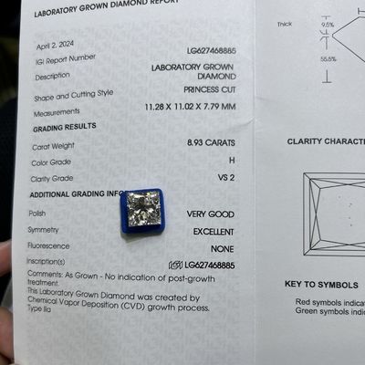 8.93CT H Color VS2 Claridad 2EX CVD Laboratorio maduro Diamante de corte de princesa