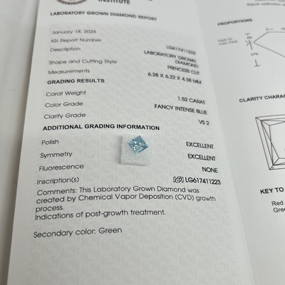 1.52CT Azul intenso de lujo VS2 2EX CVD Laboratorio de maduración Diamante de forma de princesa OEM ODM