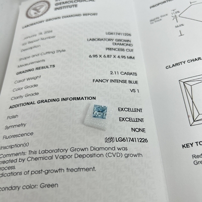 2.11CT Azul intenso de lujo VS1 2EX CVD de laboratorio de diamante de corte de princesa