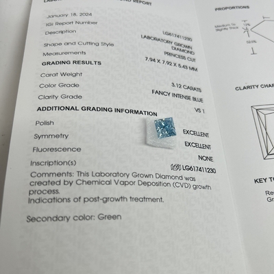 3.12CT Diamante de laboratorio azul intenso y elegante VS1 2EX CVD corte de princesa