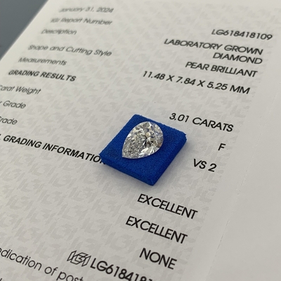 3.01CT F Color VS2 Claridad 2EX forma de pera Diamante cultivado en laboratorio