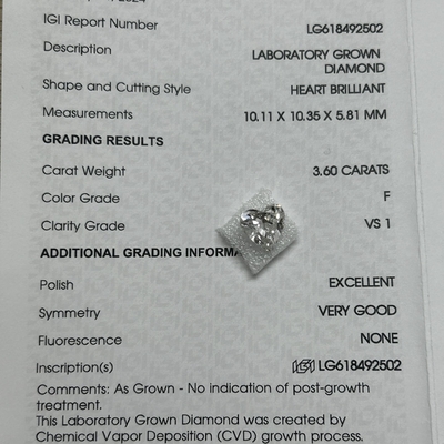 3.6ct Diamante de laboratorio de corte brillante de corazón F VS1 2EX N IGI LG618492502