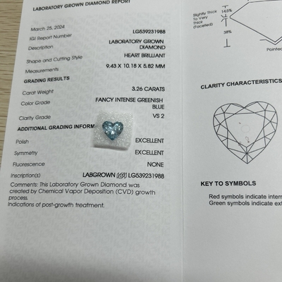 3.26ct CVD en forma de corazón de laboratorio Diamante lujoso intenso azul verdoso VS2 2EX N