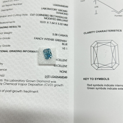 Diamante azul hecho por el hombre Diamante de corte radiante VS2 3.58 quilates