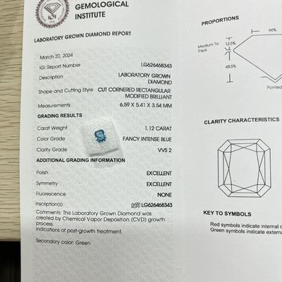 1.12ct Diamante de laboratorio azul intenso Diamante sintético